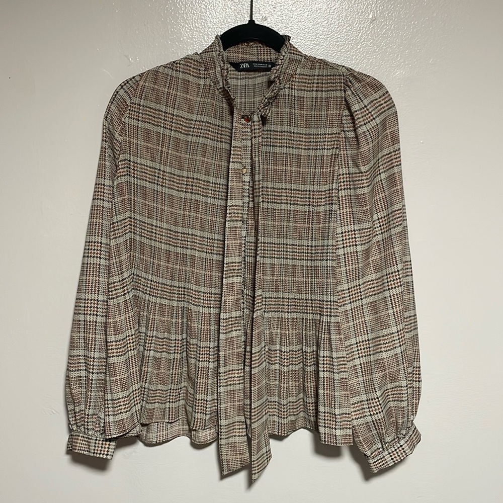 Zara Plaid Bow-Tie Blouse in Beige and Brown